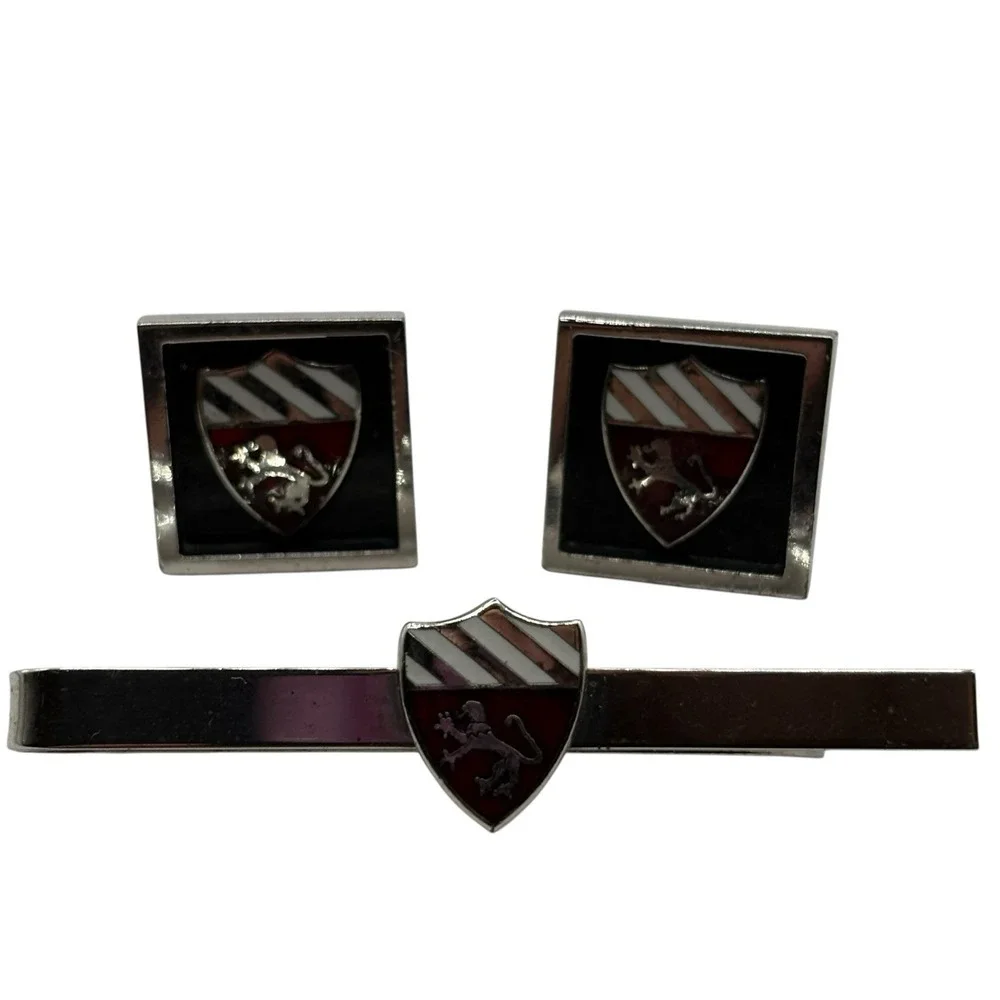 Fighting Lion Crest‎ Square Cuff Links Tie Bar Set Black Red Silver Tone Vintage